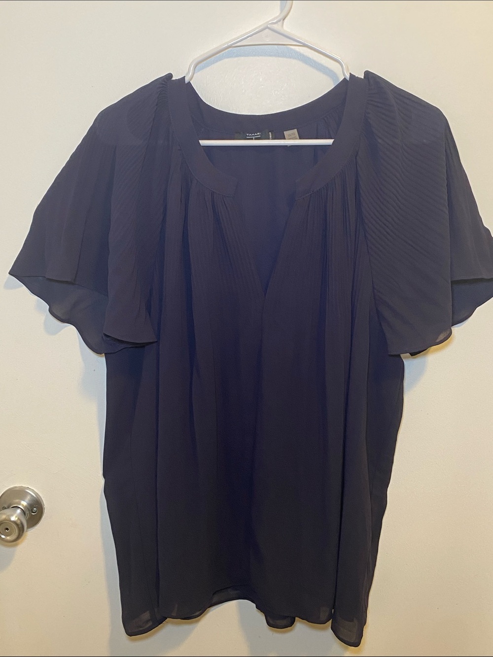 Tahari Black Pleated Flutter Sleeve Blouse